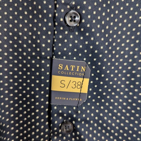 NWT DENIM & FLOWER NAVY SATIN LONG-SLEEVE BUTTON-UP SHIRT - Picture 7 of 7
